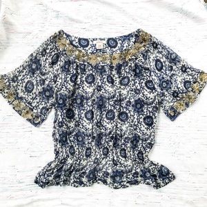 Sundance Sheer Navy Floral Print Blouse Size L